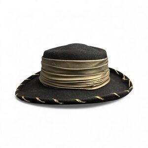Vintage Womens Yehasso Boater Hat One Size Black Gold Faux Leather Hatband